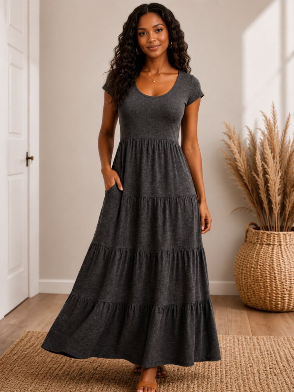 NWT Gray Maxi Dress Boho Flowy Romantic Casual Size Small